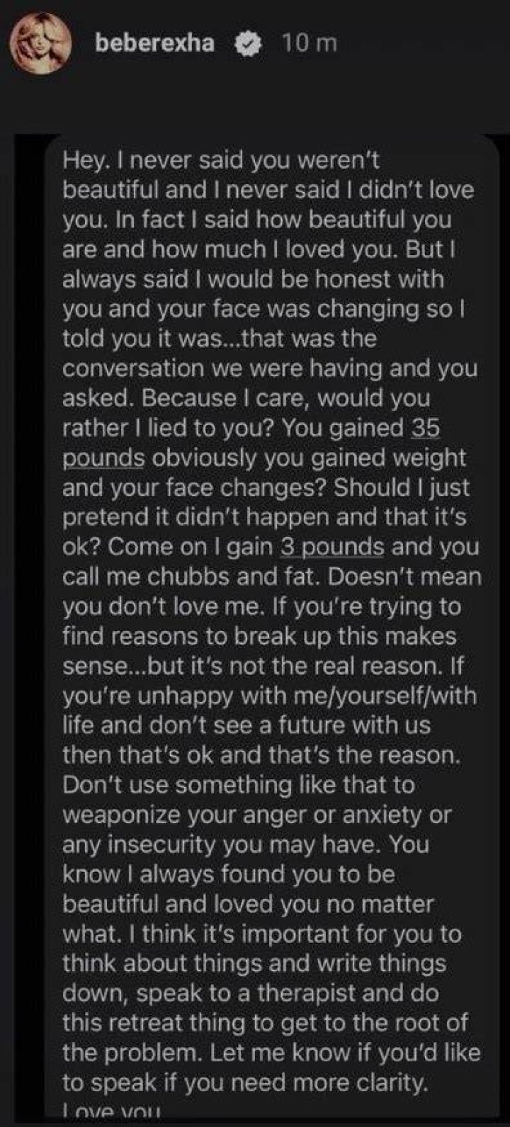 Bebe Rexha posts a message from her ex-boyfriend: did he fat-shame her?
